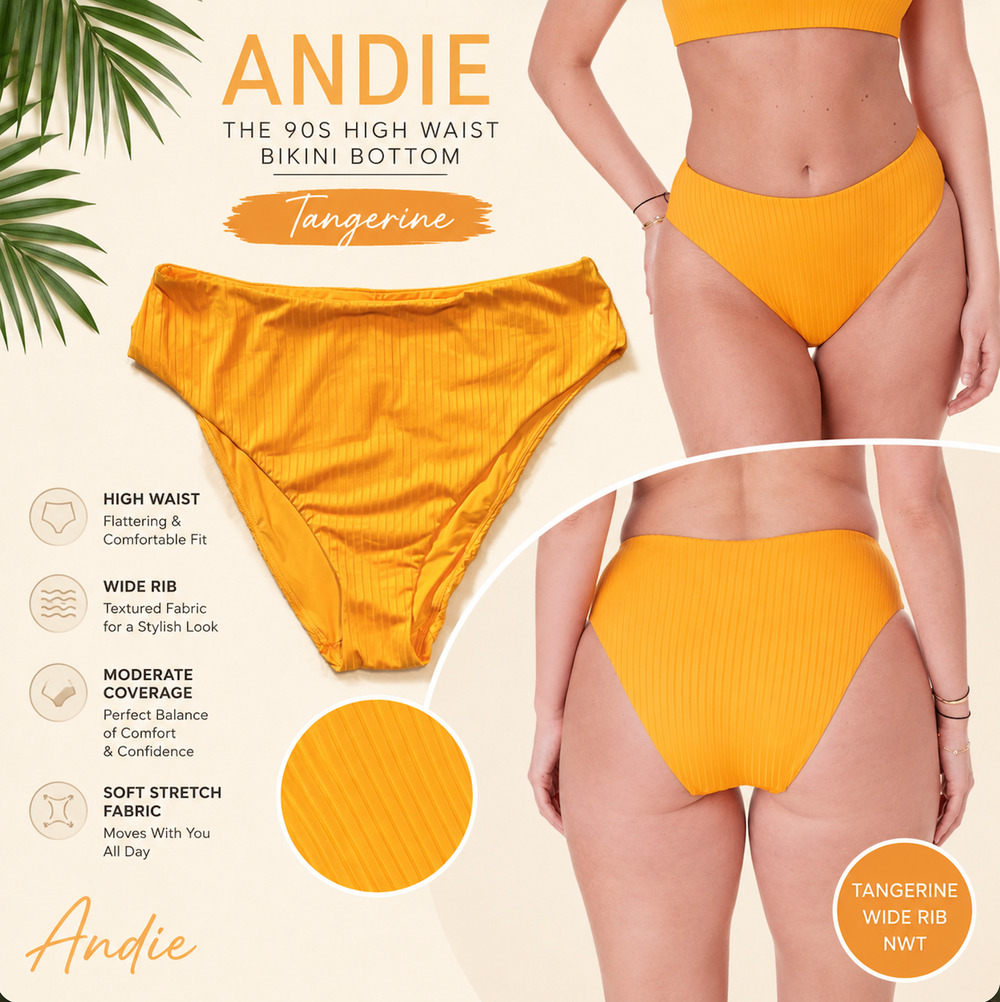 Andie Women's The 90s High Waist Bikini Bottom Tangerine - Wide Rib - NWT - Med